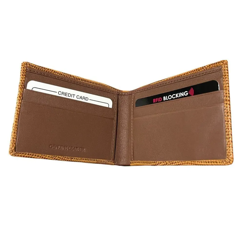 NWT Ili Leather Wallet Brown Tan Reptile Snake Print Bifold RFID Blocking Men's
